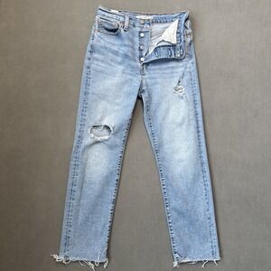 Levis Jeans Womens 28 Blue Wedgie Straight Mid Rise Distressed Raw‎ Hem Denim